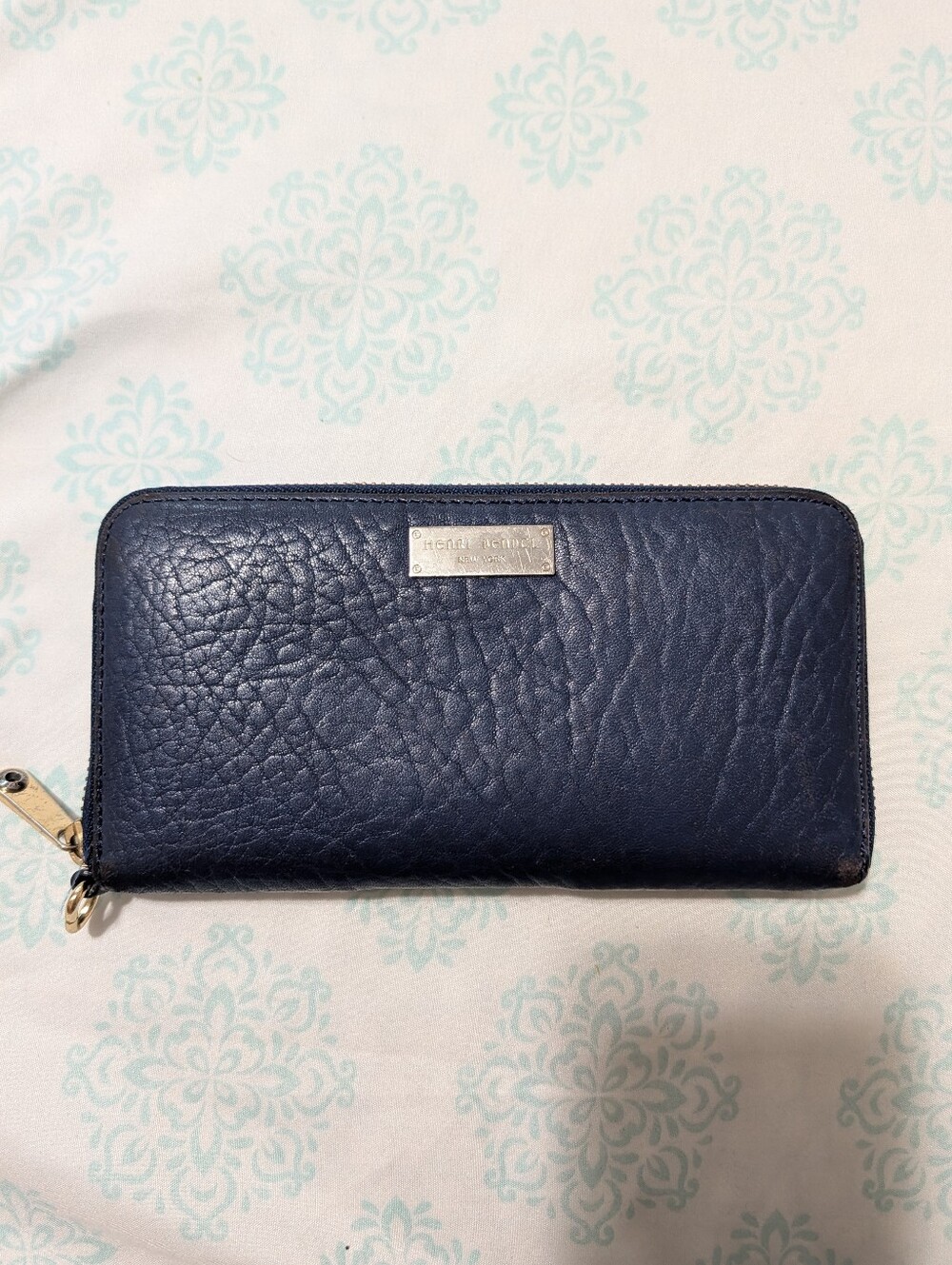 Henri Bendel Navy Blue Pebbled Leather Zip Wallet